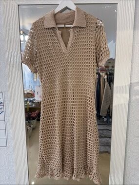 PETE Knit Openwork Polo Dress in Beige